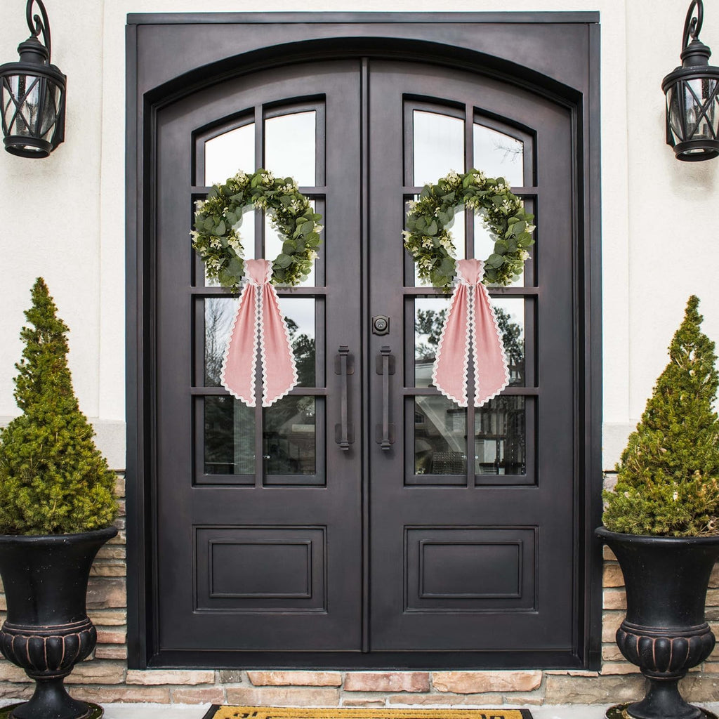 Skiennix Scalloped Wreath Sash - Ruffle Ribbon Bow for Front Door Decor | Pink & White, 2 Pcs