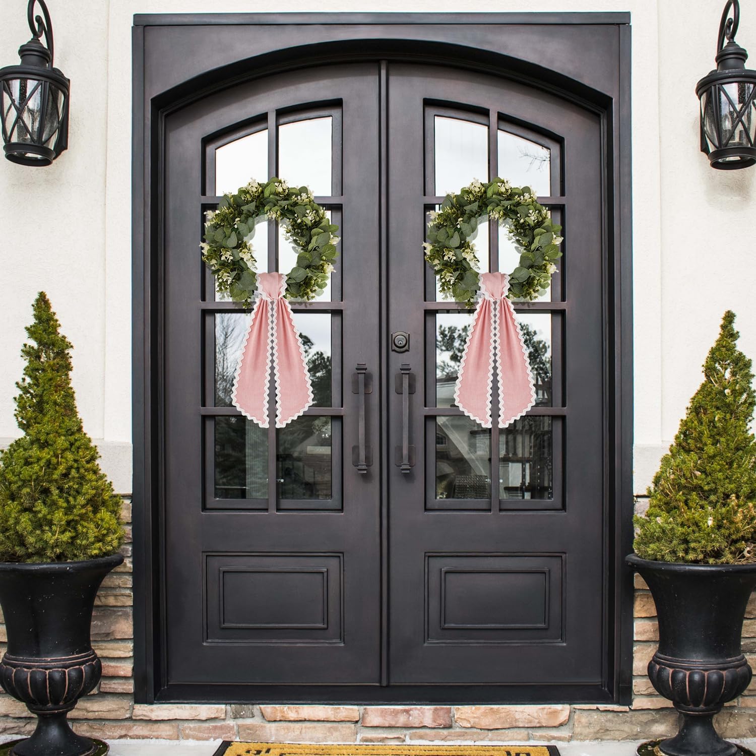 Skiennix Scalloped Wreath Sash - Ruffle Ribbon Bow for Front Door Decor | Pink & White, 2 Pcs