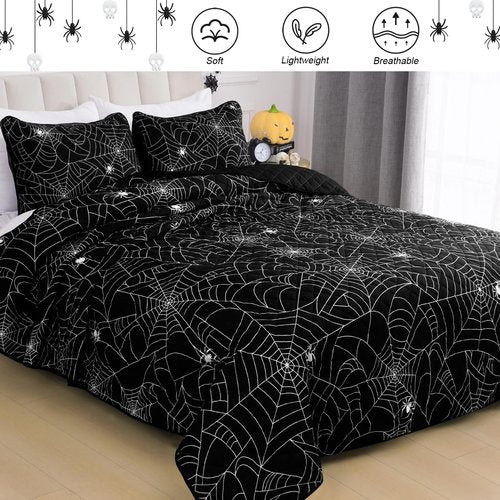 FRAMICS 3 Pieces Halloween Quilt Set King Size, Spider Web Quilt Set, Lightweight Black Quilt, Halloween Bedding Set, 106" x 96", 1 Quilt+2 Pillow Shams