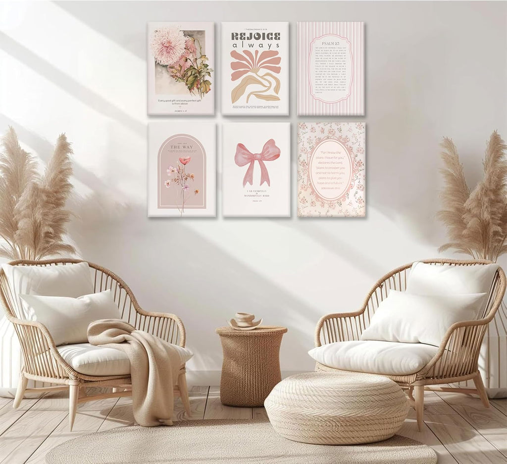 Skiennix 6Pcs Pink Christian Wall Art - Boho Floral Bible Verses Canvas Decor for Bedroom & Dorm