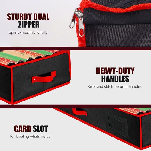 Juegoal Christmas Storage Organizer - 40.5 Inch Gift Wrapping Paper Storage with Interior Pockets | 2023 Upgrade Underbed Box, Tear-Proof Fabric