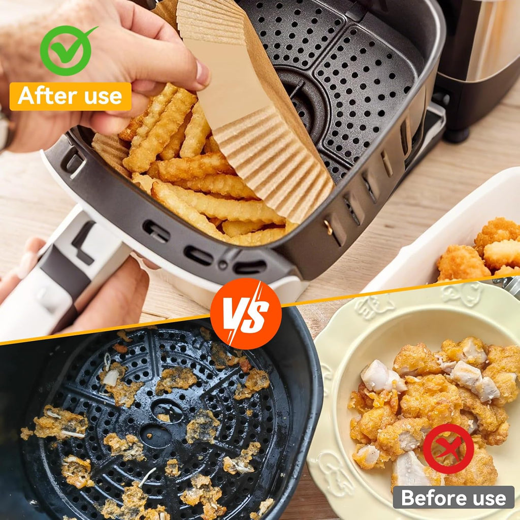 Skiennix Air Fryer Paper Liners - 400 Pcs Unbleached Non-Stick Parchment for 5-8 QT | 8 Inch Square