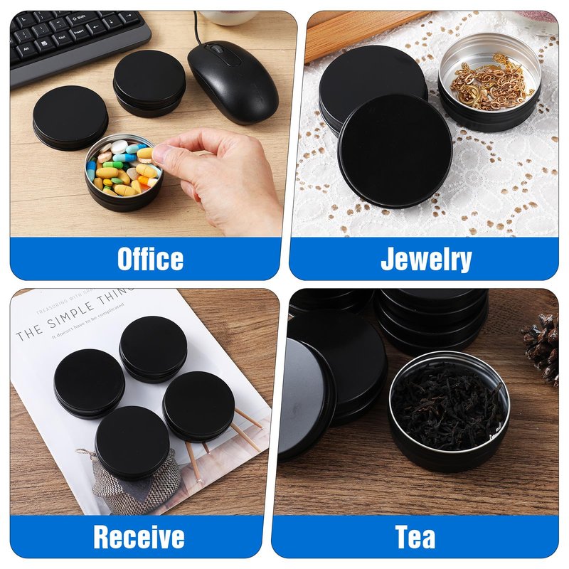 mekueeex 48 Pcs Aluminum Round Cans with Lid, 2 Oz Metal Tins Food Candle Containers with Screw Tops for Crafts, Food Storage, DIY (black)