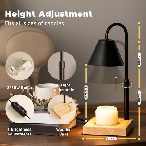 GODONLIF Black Dimmable Candle Warmer Lamp - Adjustable Height & Timer | Wooden Base with 2 Bulbs
