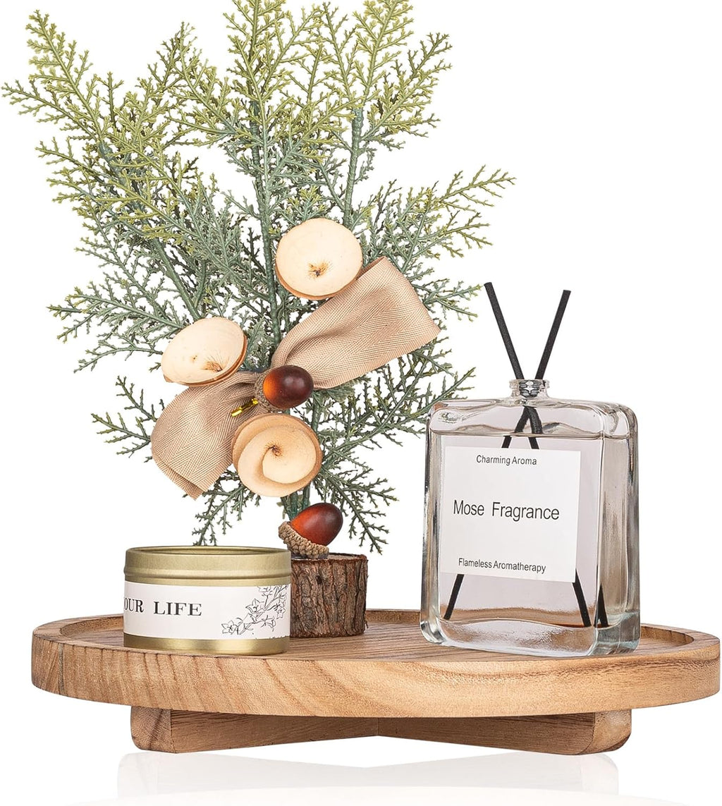 Regine Switzerland Round Wooden Decorative Tray - Farmhouse Bathroom Organizer for Soap, Perfume, Candle | 10" - Brown