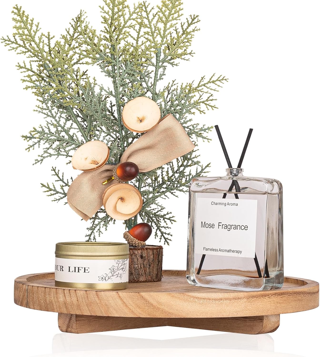 Regine Switzerland Round Wooden Decorative Tray - Farmhouse Bathroom Organizer for Soap, Perfume, Candle | 10" - Brown