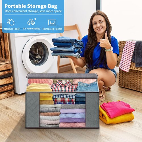 Budding Joy | Foldable Large Blanket Storage Bags - 60L Capacity, 6-Pack, Gray | Ideal for Clothes, Toys & More