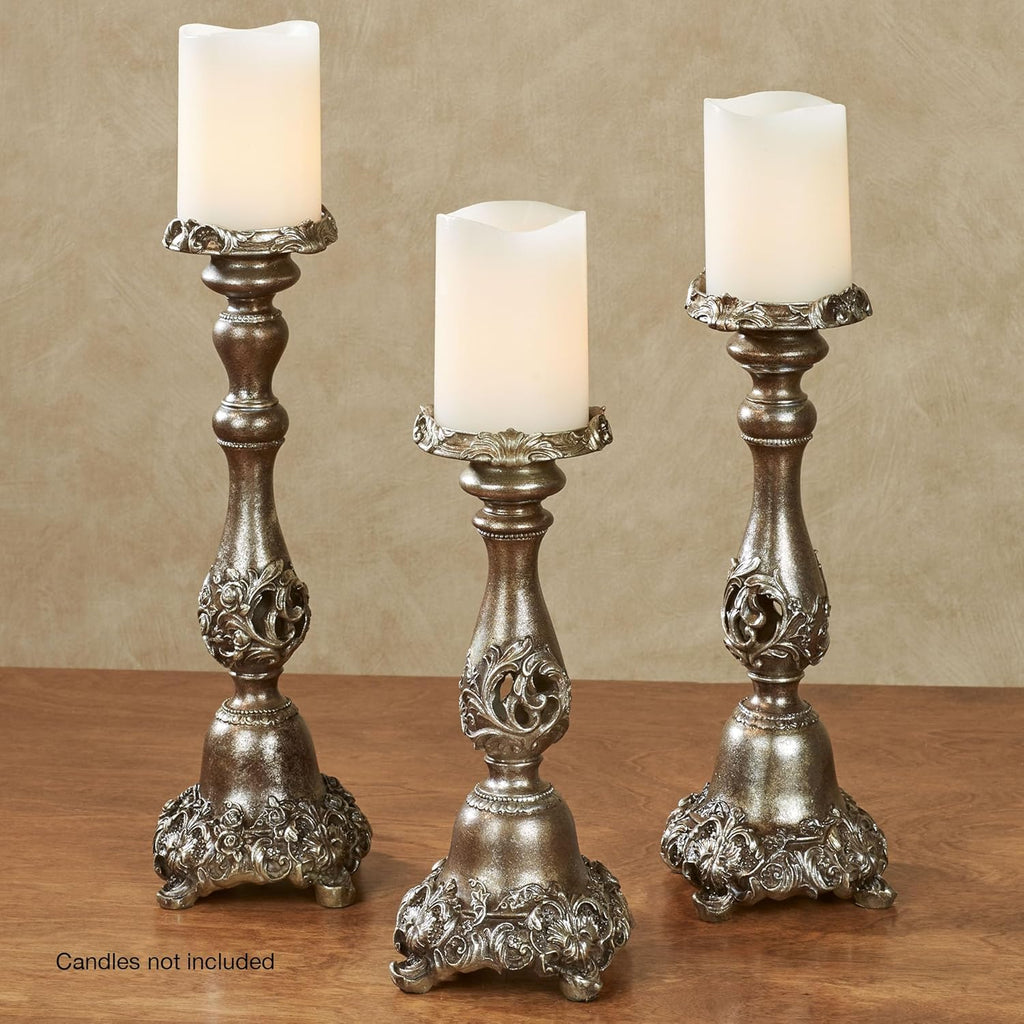 Touch of Class Victoria Acanthus Leaf Candleholders Set of 3 - Metallic Bronze & Silver Resin Candlesticks for Elegant Home Décor