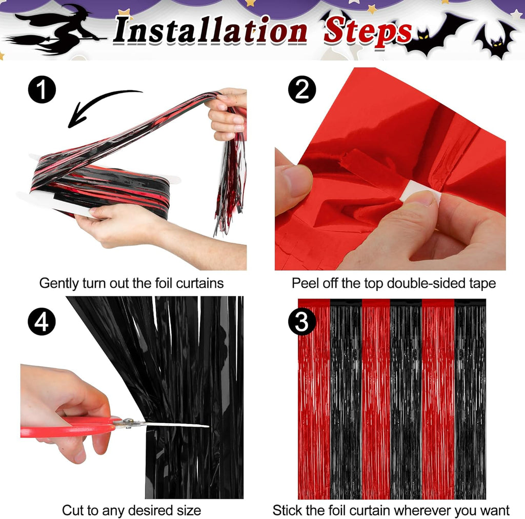 Regine Switzerland 4 Pack Halloween Wall Backdrop - 3.28 FT x 7.05 FT Red & Black Metallic Tinsel Curtains | Casino Theme Party Decor