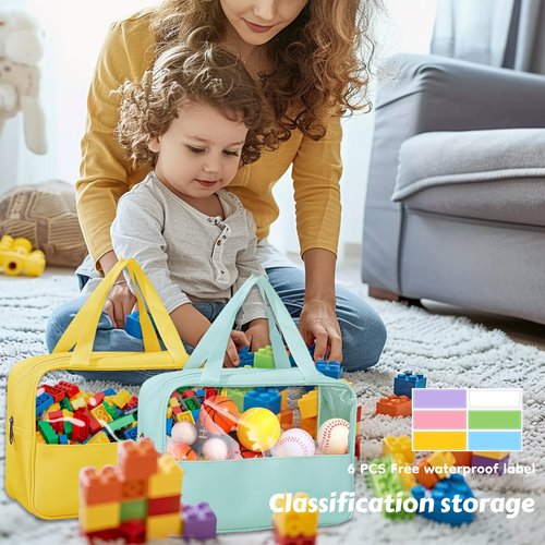 Dcwunk 4-Pack Large Toy Organizer PU Leather Organizer Bag with Zipper, Toy Organizer Bag with Portable Handheld Device, Waterproof Toy Bag Storage for Board Games Clay, Building Blocks, Toys (4 Pack)