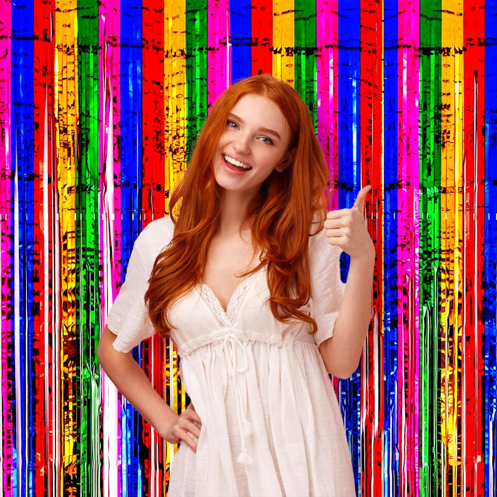 Voircoloria Rainbow Foil Fringe Backdrop Curtains - 3 Pack Tinsel Streamers for Parties | 3.3x8.2 Feet