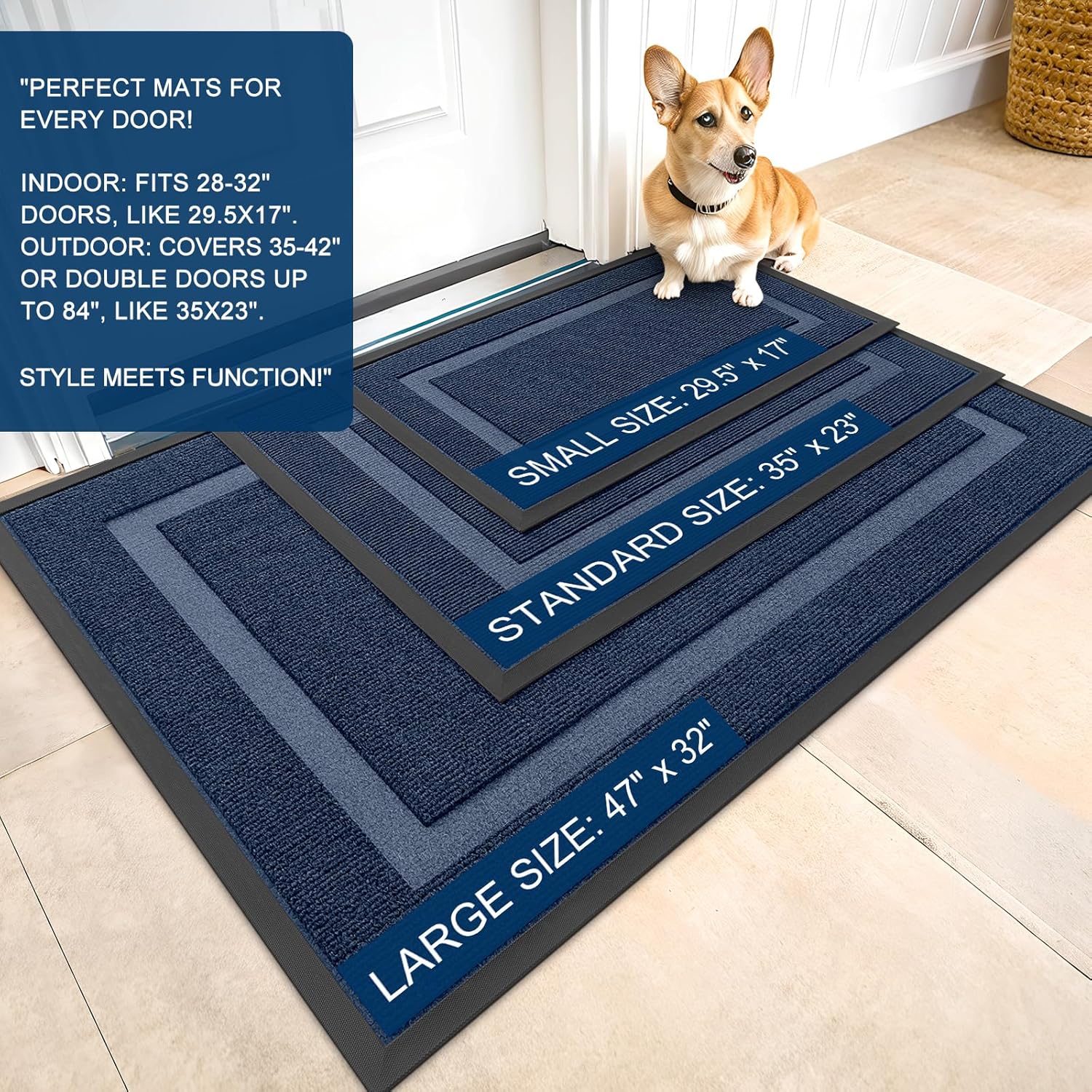 OLANLY Indoor Outdoor Front Door Mat - Waterproof All-Season Doormat, Sturdy Natural Rubber, 36x24, Blue