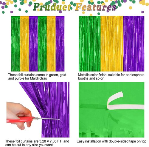 Mardi Gras Tinsel Backdrop by [Brand Name] - 2 Pack Metallic Fringe Curtain | 3.28 FT x 7.05 FT in Purple, Gold, Green