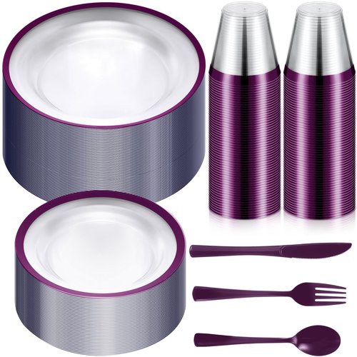 Roshtia 300 Pcs Plastic Dinnerware Set for 50 Guests, Clear Plastic Plates with Rim, Include Disposable Plates, Cups, Knives, Forks and Spoons for Birthday Wedding Party(Purple)