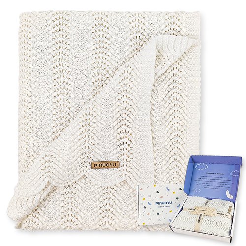 Pinuotu Cotton Knitted Baby Blanket – Neutral Swaddle Receiving Blanket for Newborn, Toddler, Boys & Girls, Crib or Stroller Blanket with Gift Box, 31×40 Inch (White)