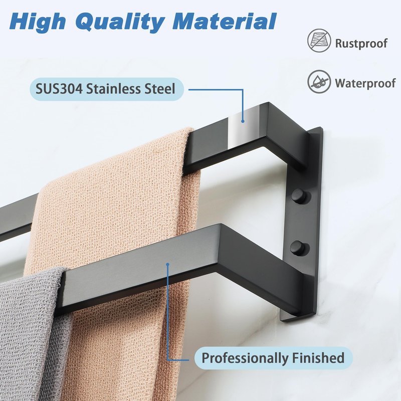 Alise Double Towel Bar, 24" Towel Racks for Bathroom Wall Mounted SUS304 Stainless Steel, Heavy Duty Bathroom Towel Holder, Quick Drying Towel Hanger, Matte Black