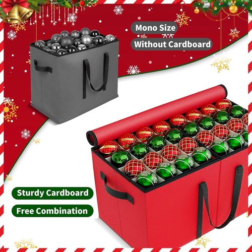 EverMerry Christmas Ornament Storage Box - Large Sturdy Container with Adjustable Dividers & 8 Trays | Holds 128 Decorations (Red)