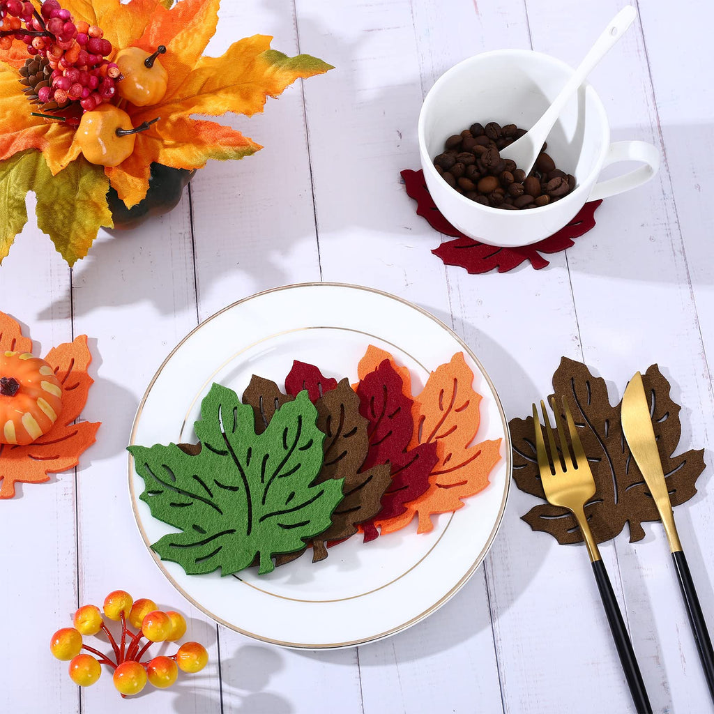 Whaline 16Pcs Fall Maple Leaf Coasters Thanksgiving Felt Maple Leaf Shaped Tableware Mat Orange Green Brown Non-Slip Heat Insulation Drink Tea Coffee Cup Mat for Autumn Harvest Party Home Dinner Decor