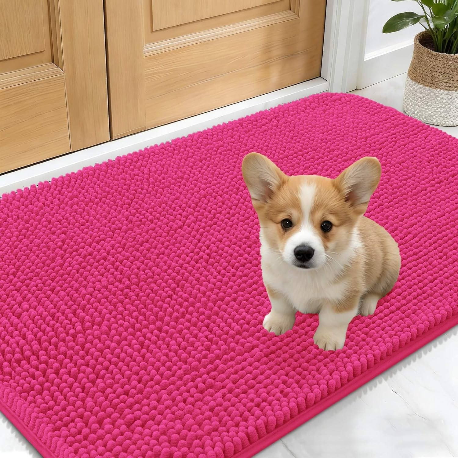 OLANLY Dog Door Mat - Absorbent Non-Slip Chenille Mat for Muddy Paws | Quick Dry 30x17, Hot Pink
