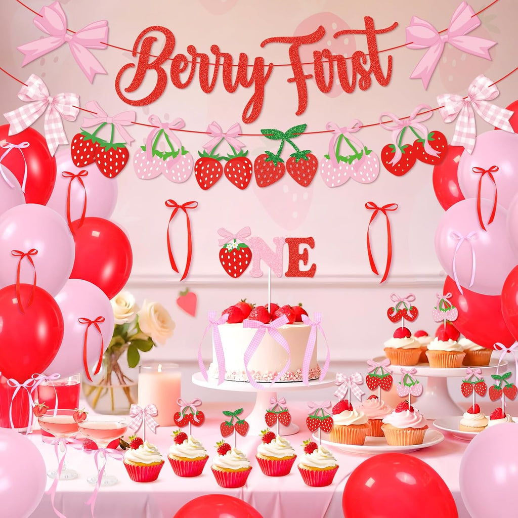 Skiennix Pink Bow Strawberry First Birthday Party Decor - Glitter Banners & Balloons for Girls