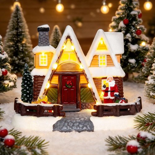 LED Lighted Village House - 6.9 Inch Triangular Christmas Decoration with Santa Claus Statue | Holiday Home Decor