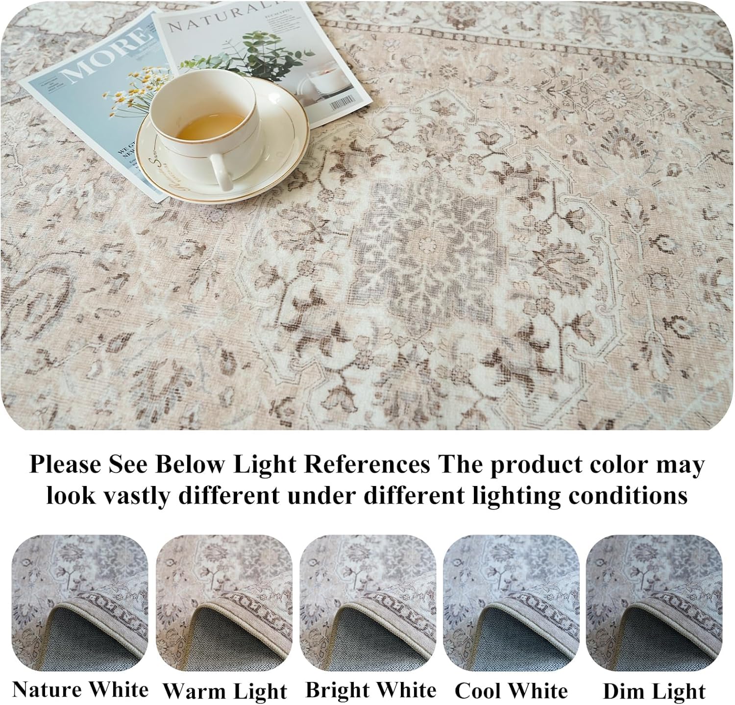 Washable 8ft Round Area Rug - Soft, Non-Slip Oriental Carpet for Living Room & Bedroom | Stain Resistant Beige