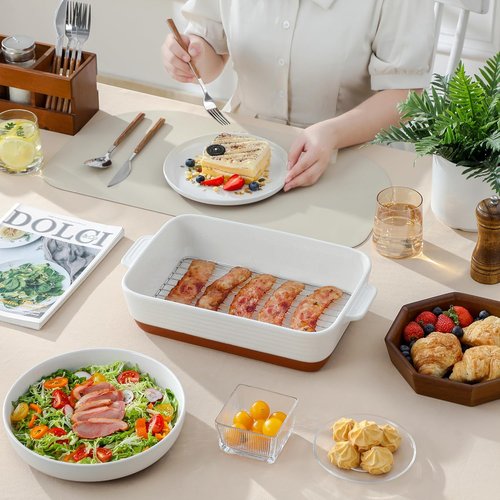 MALACASA Casserole Dishes Set of 3 - Ceramic Baking Pans with Roasting Racks | Khaki White (14.5''/13''/10.5'')