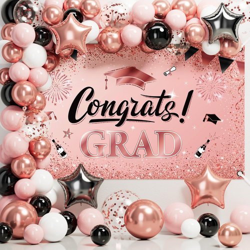 Ecomore Graduation Decoration Class of 2025, 245PCS Grad Party Decor Supplies & Disposable Dinnerware(Serve 25) Paper Plate Cup Napkin Cutlery Tablecloth Backdrop Balloon Garland Kit(Pink & Rose Gold)