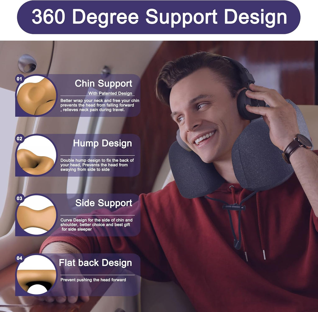 Napfun Travel Neck Pillow - Upgraded 100% Pure Memory Foam for Comfortable Airplane Sleep | Full Black