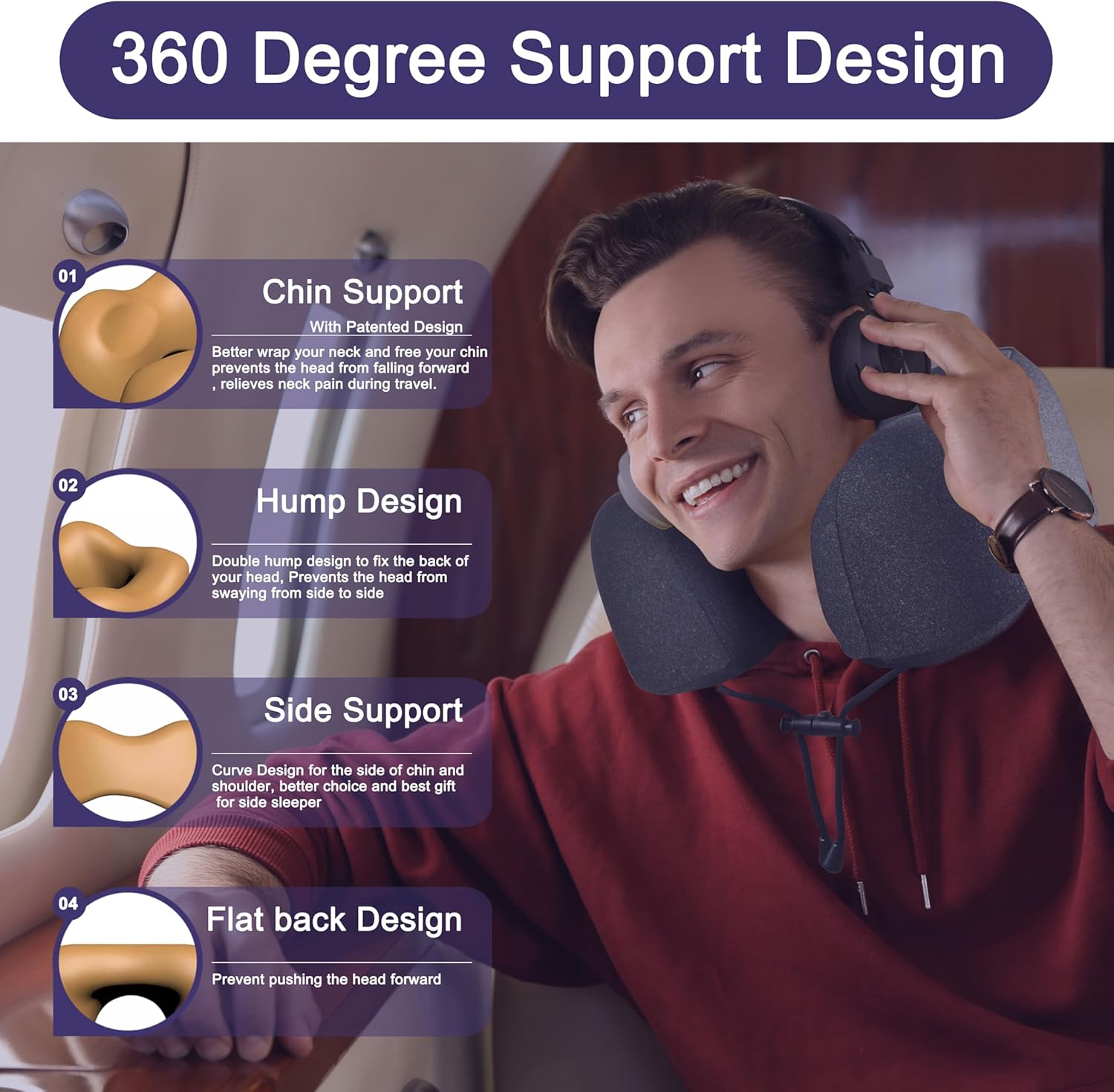 Napfun Travel Neck Pillow - Upgraded 100% Pure Memory Foam for Comfortable Airplane Sleep | Full Black