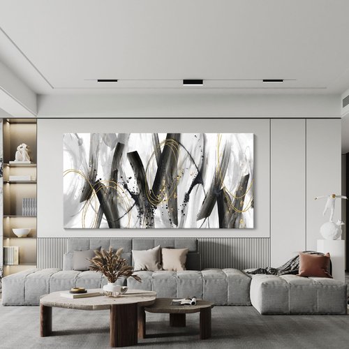 AJAZIKO Black and Gold Modern Wall Art - Large Abstract Wall Art Decor for Living Room, Bedroom, Office - Elegant Black and White Painting for Stylish Home Decor