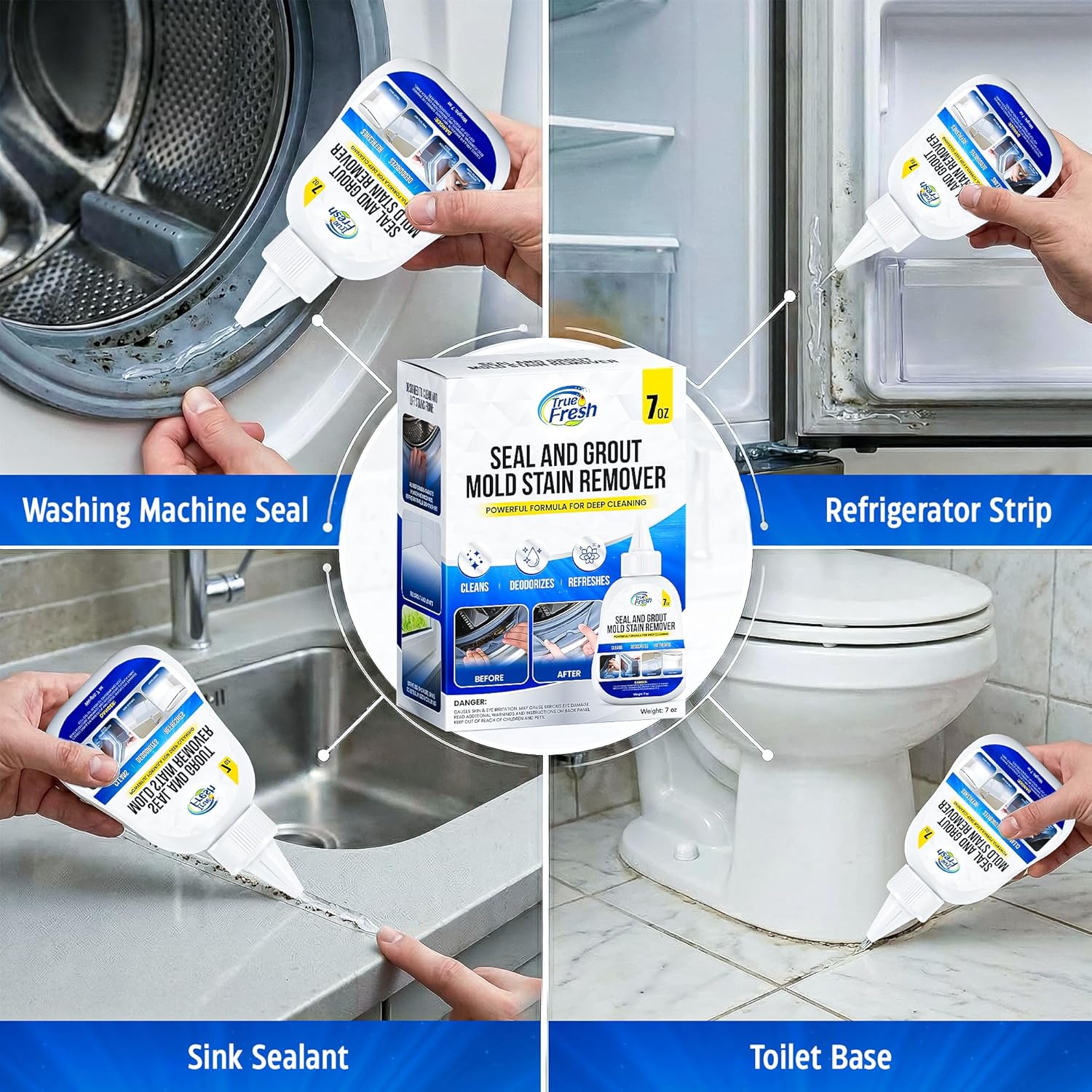 True Fresh Heavy Duty Mold Stain Remover Gel - Powerful Cleaner for Washing Machine Seals & Grout - 7 oz