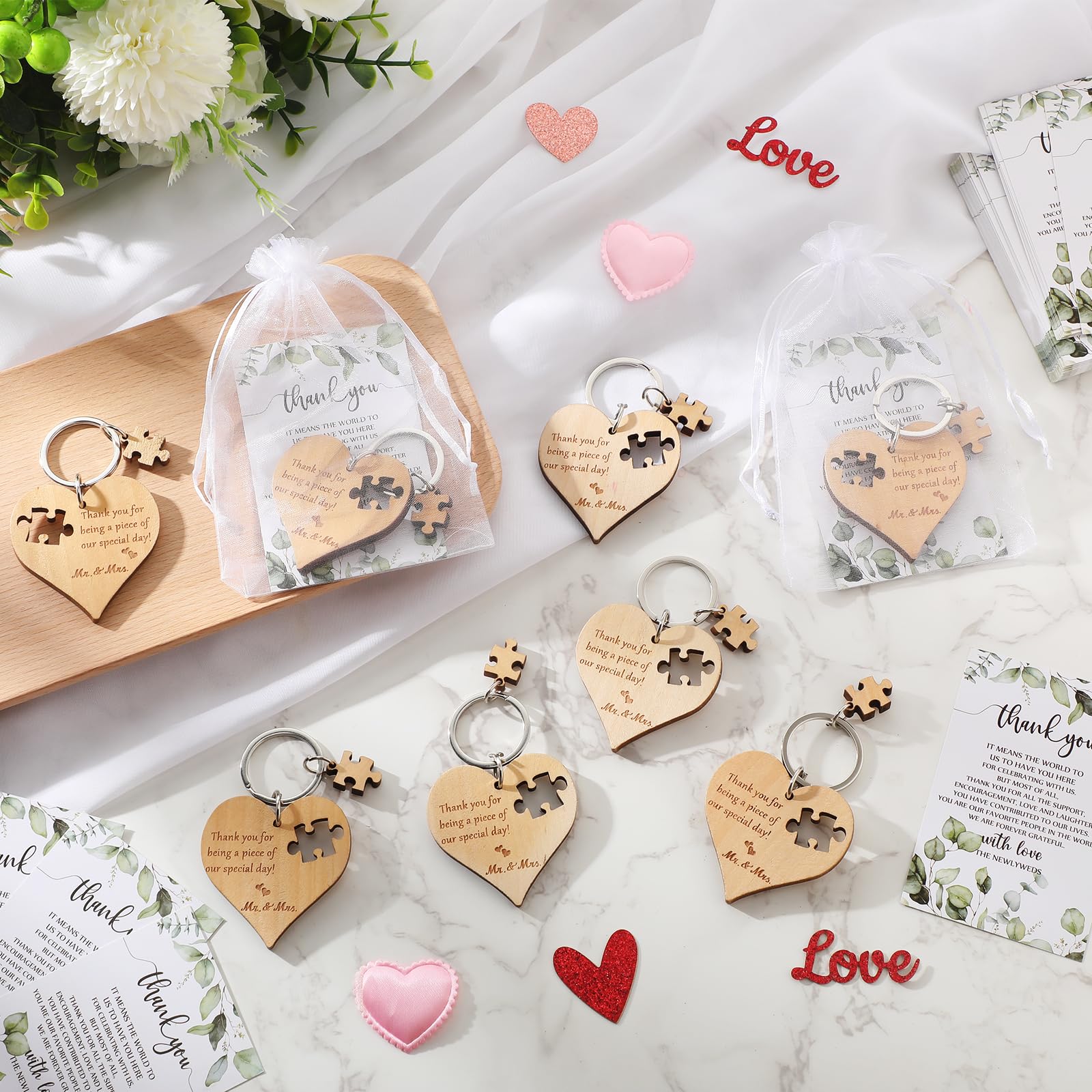 Ecation Wedding Favors for Guests Wood Heart Puzzle Keychains Thank You Cards Gift Bag Bridal Shower Souvenir Gifts(150 Set)