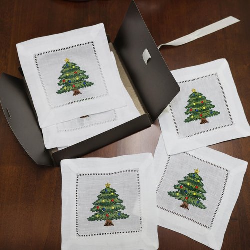 Lauusiusi 100% Linen White Cocktail Napkins Hemstitched with Embroidered Christmas Tree Set of 6 Cloth Beverage Napkin 6"x6" Coasters for Christmas Decoration Dessert Gift Ideas