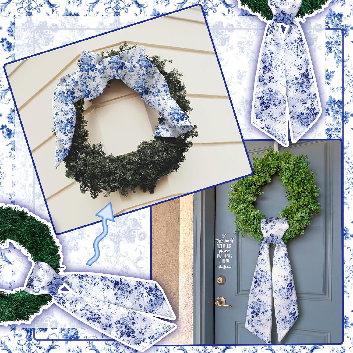 Skiennix Wreath Sash Set - Reversible Chinoiserie Decor for Monogram Garland | Indoor/Outdoor Use