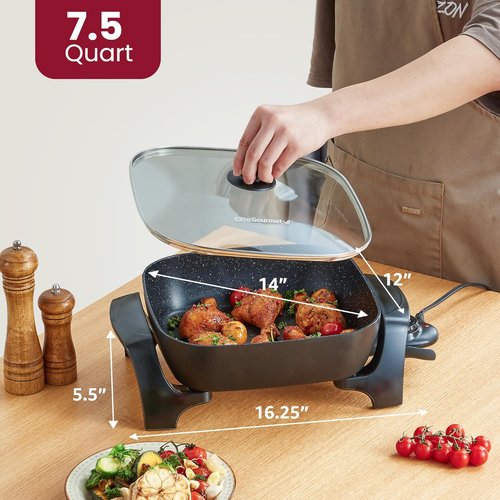 Elite Gourmet Electric Skillet - Extra Deep 12"x12"x3.2" (7.5Qt) | Non-Stick, Scratch Resistant, Dishwasher Safe, Adjustable Temperature, Black