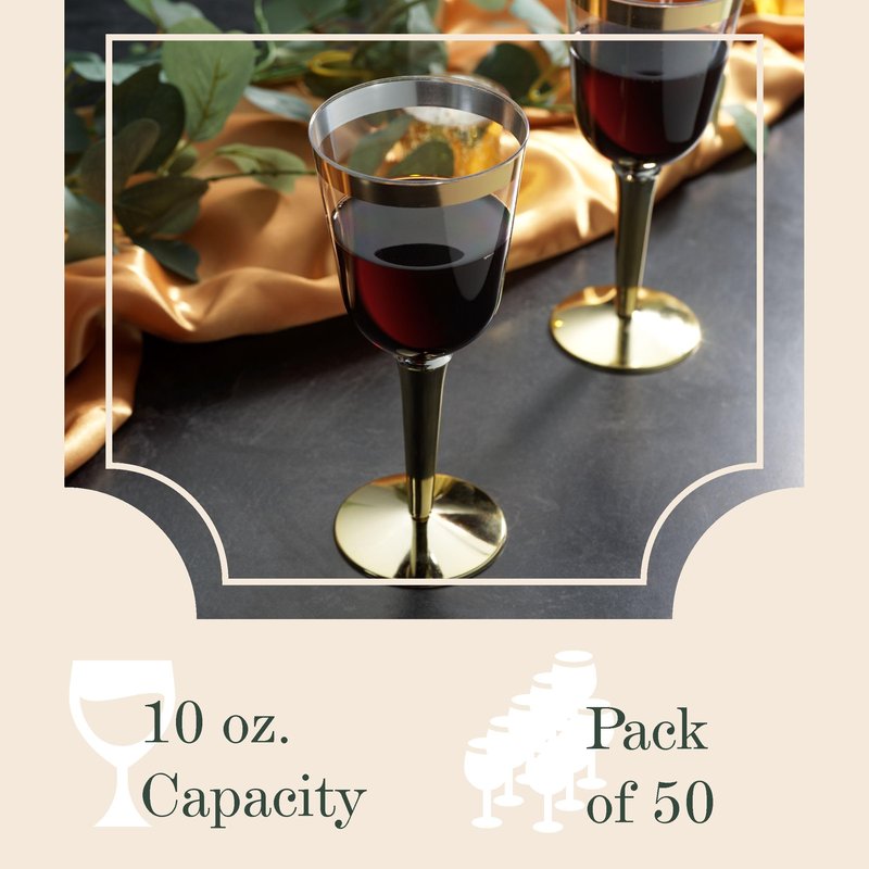 BloominGoods Disposable Wine Glasses With Stem, 10 Oz. Gold Rim Plastic Wine Glasses For Parties, Weddings, Large Clear Wine Cups Plastic, 50 Ct.
