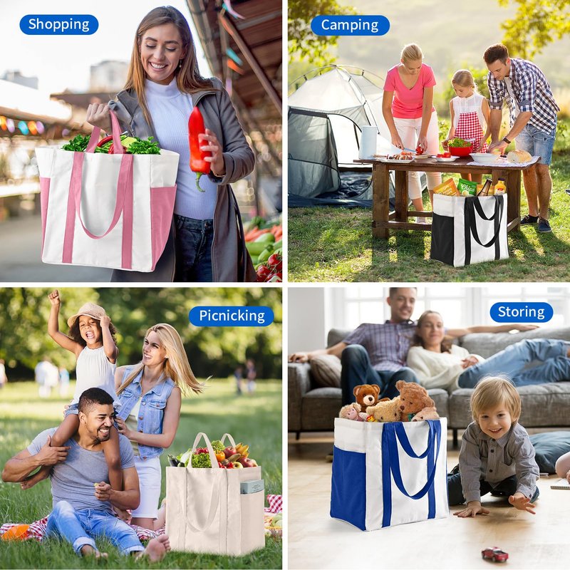 Canvas Grocery Shopping Bags, KIDJFGG Heavy Duty Cotton Canvas Totes with Reinforced Handles, Large Reusable Bag with Bottle Sleeves & Side Pockets, Foldable, Sublimation Bag for Picnic/Beach (3 Pack)