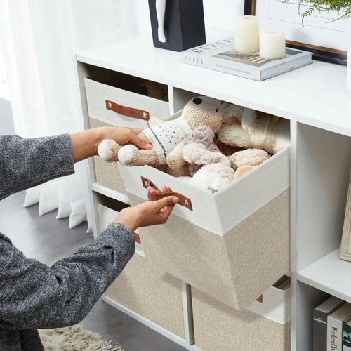 DECOMOMO Fabric Cube Storage Bins - Stylish Organizer Baskets for Kallax & Cubbies | Beige & White, 11-Inch Cube - 4 Pack