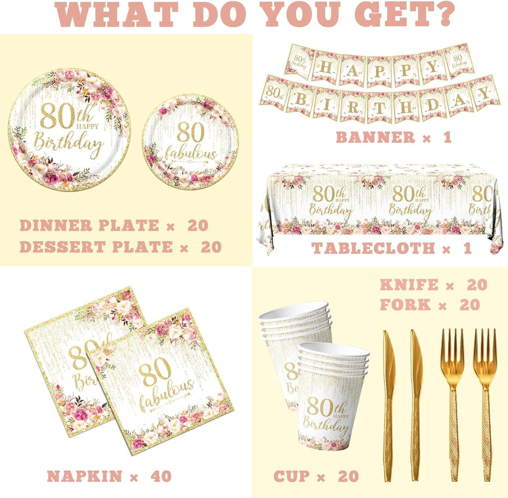 Regine Switzerland 80th Birthday Party Tableware Set - 142 Pcs Rose Gold Decorations | Plates, Napkins, Tablecloth & Banner