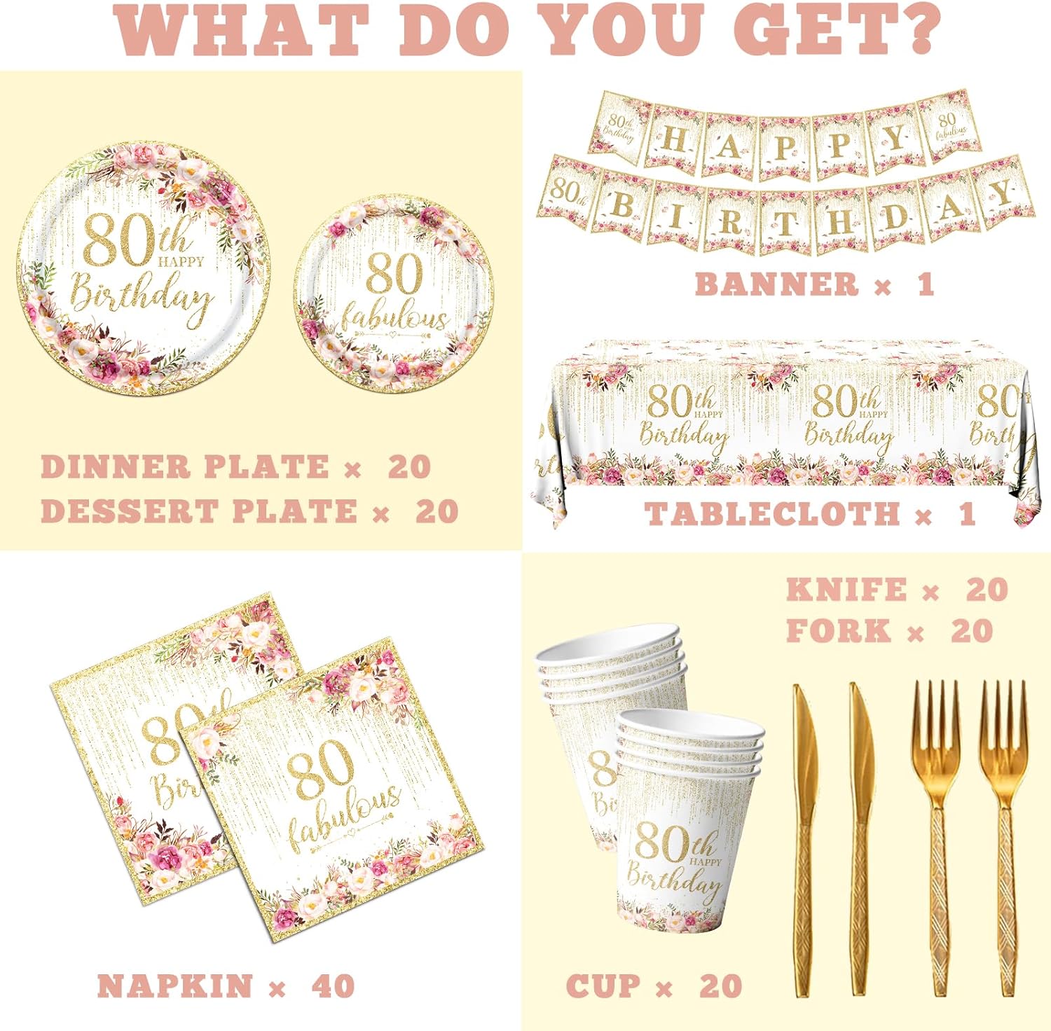 Regine Switzerland 80th Birthday Party Tableware Set - 142 Pcs Rose Gold Decorations | Plates, Napkins, Tablecloth & Banner