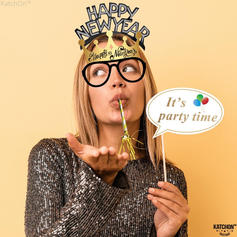 KatchOn, New Years Eve Party Favors - Pack of 74 | Happy New Year Glasses, Photo Props, Hats and Noise Makers | New Years Headband 2026, New Year's Eve Party Supplies for Happy New Year Decorations