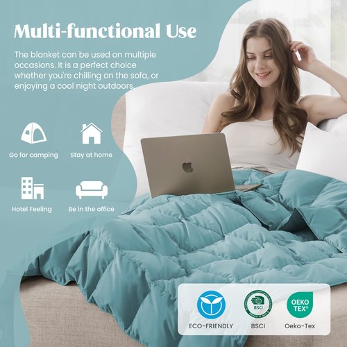 puredown® Soft Feather Down Blanket Lightweight Packable Down & Feather Fill Blanket for Indoor and Outdoor Use, Queen Size Blankets, 88"X90", Sea Blue