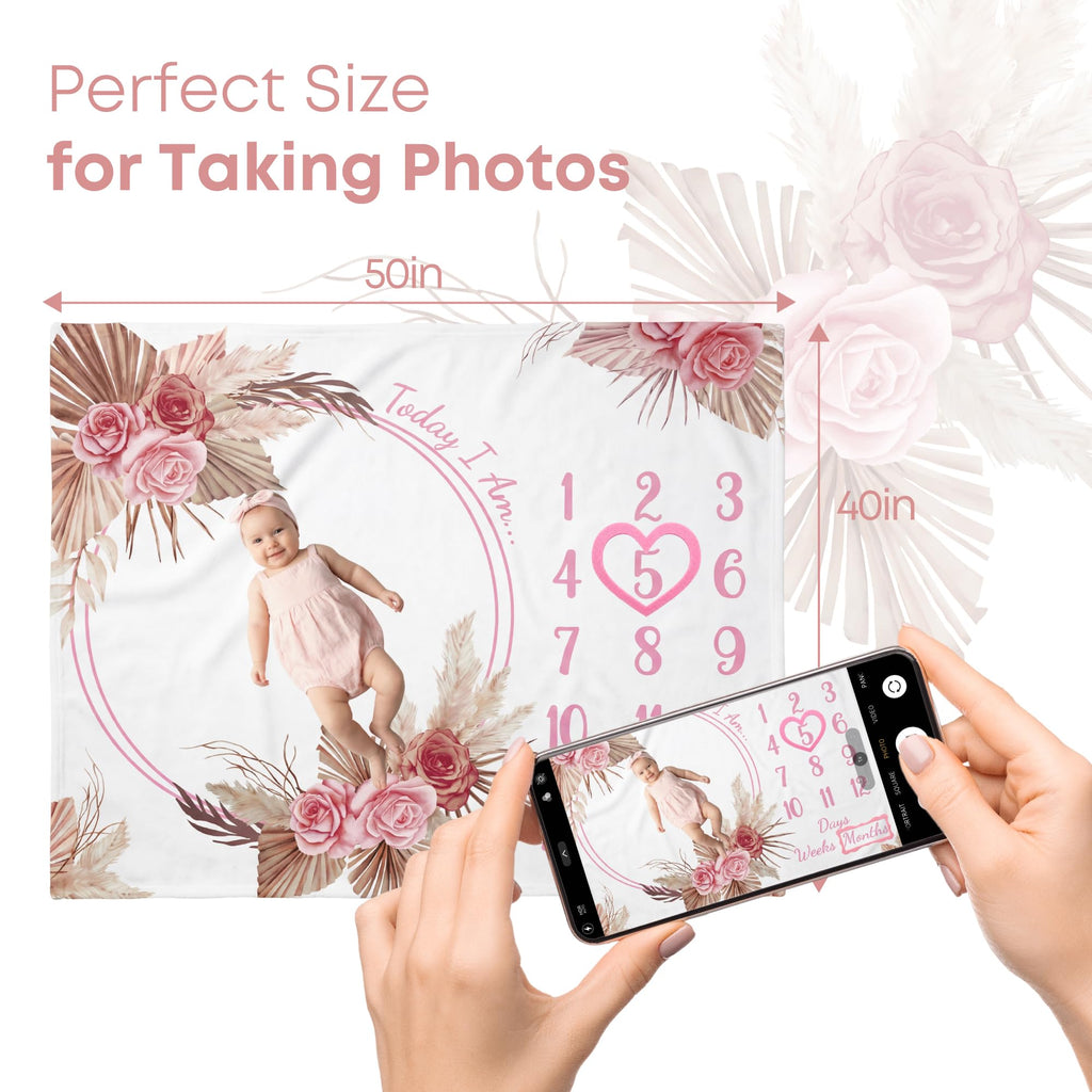 Warmther Baby Monthly Milestone Blanket, 40"x50" Flannel Monthly Milestone Photo Backdrop, Washable & Dryable, Floral Boho