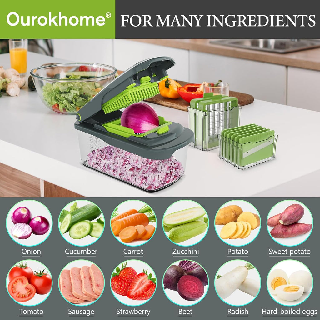 Ourokhome Manual Food Chopper & Mandolin Slicer - 8 Blades for Versatile Vegetable Dicing | Gray