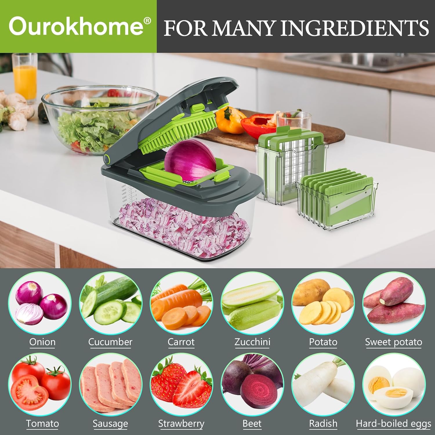 Ourokhome Manual Food Chopper & Mandolin Slicer - 8 Blades for Versatile Vegetable Dicing | Gray