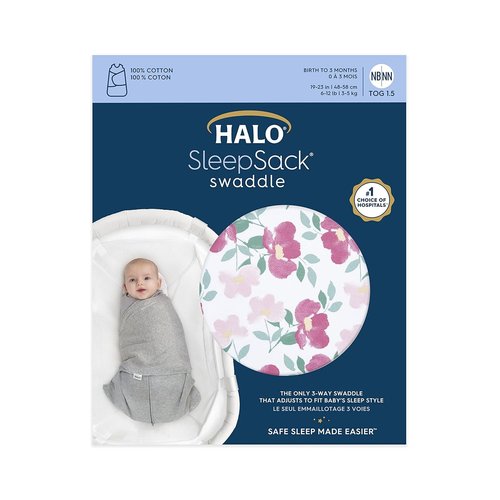 HALO 100% Cotton Sleepsack Swaddle - 3-Way Adjustable Wearable Blanket, TOG 1.5, Stems | Newborn 0-3 Months
