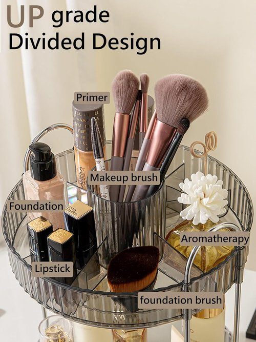 Asayuee 360 Rotating Makeup Organizer - Large 3-Tier Storage for Skincare & Cosmetics | Grey