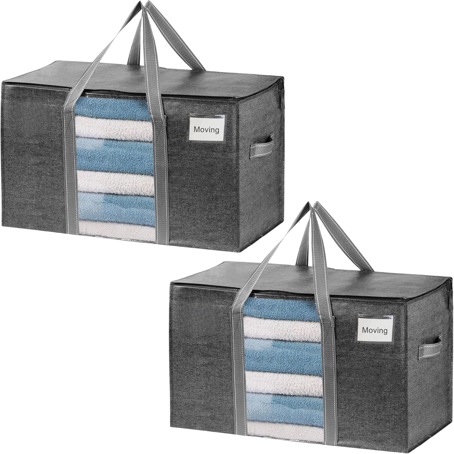 VENO Moving Bags - Heavy Duty Storage Bins with Clear Window & Zippers | Extra Large Totes for College Dorm Clothes (Dark Gray)