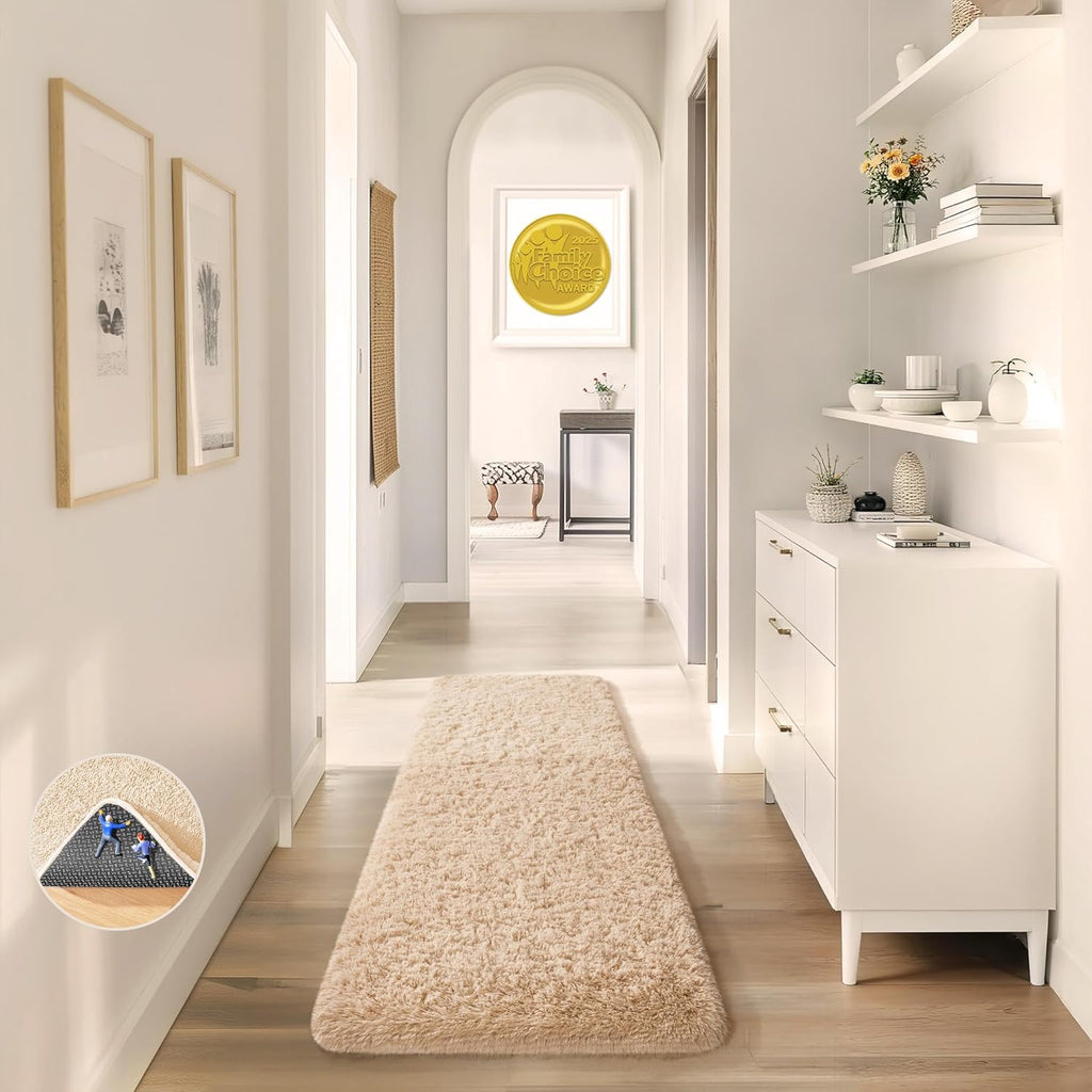 Ophanie Runner Rug - Non-Slip Fluffy Soft Carpet for Hallway | 2x6 Beige Shaggy Design for Kids & Nursery